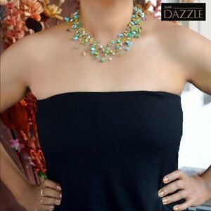 MULTILAYERED NECKLACE WITH ASSORTED STONES, CRYSTALS AND PEARLS