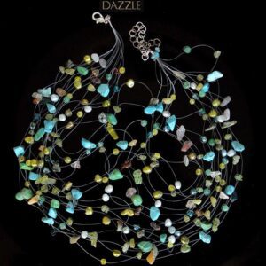 MULTILAYERED NECKLACE WITH ASSORTED STONES, lime green CRYSTALS AND PEARLS