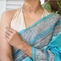 model wearing Copper wired Crochet set with turquoise
