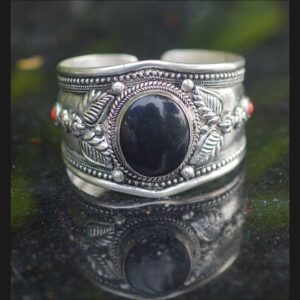Tibetan Single piece Open Cuff bracelet with Onyx (Adjustable)