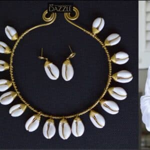 Cowrie shell necklace on brass wire with earrings