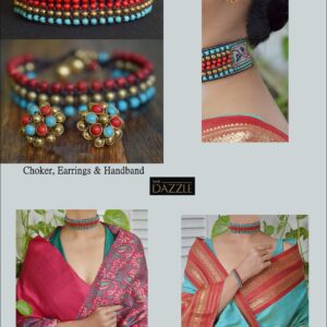 Coral, turquoise and brass beaded choker, handband and earrings (set)