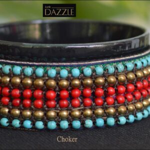 Coral, turquoise and brass beaded choker, handband and earrings (set)