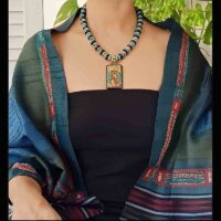 Brass Twin fish inlay Indonesian wood pendant with yak bone beads 1