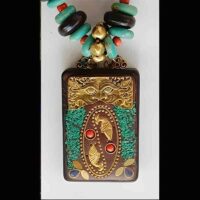 Brass Twin fish inlay Indonesian wood pendant with yak bone beads 2