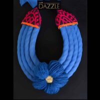 Blue Silk bib necklace with handmade crochet flower close up