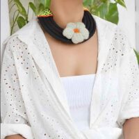 Silk bib black necklace with handmade crochet flower