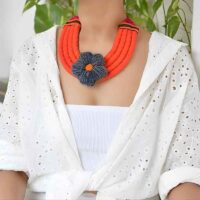 Silk bib necklace with handmade crochet flower black