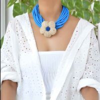 Wooden beaded necklace with crochet pendant blue