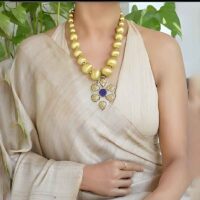 Old Afghani Pendant with gold toned ball beads and and earrings