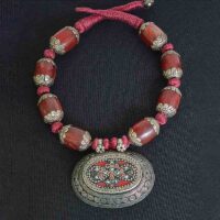 Vintage Uzbek pendant embedded with coral & turquoise and vintage transparent Faturan Bakelite Amber Drum beads