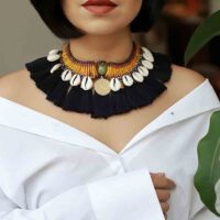 Model-wearing-Ocean-Mystique-Macrame-Shell-Choker-with-Tibetan-Almanac.2