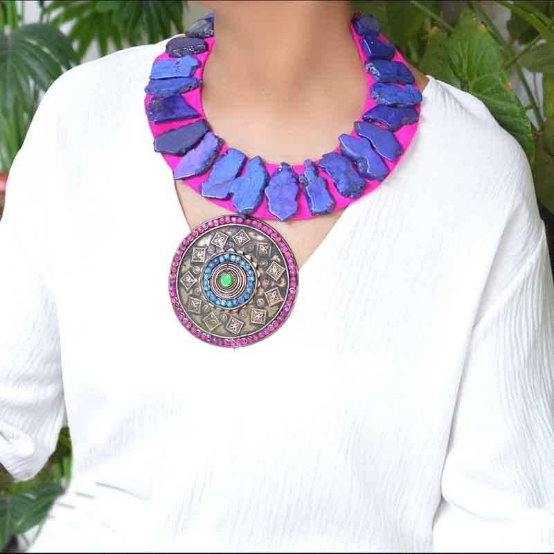 Afghani Pendant with lapis blue free form turquoise slabs