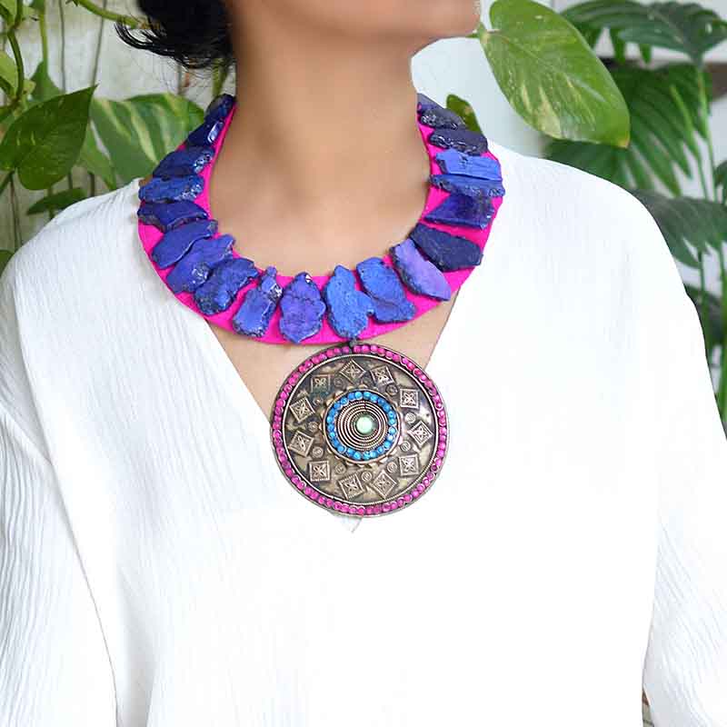 Afghani Pendant with lapis blue free form turquoise slabs
