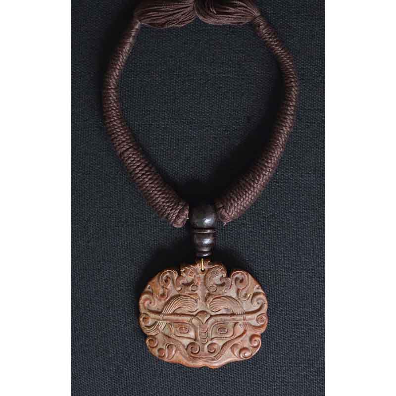 Hongshan culture old carved animal mask brown jade amulet pendant