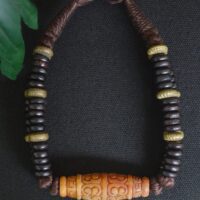 Double layered Nepali wooden beaded necklace with jade amulet DZI pendant