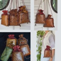 Chevron weave bucket cane bags with Thai silk top