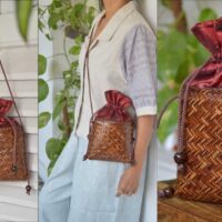 Chevron weave bucket cane bags with Thai silk top