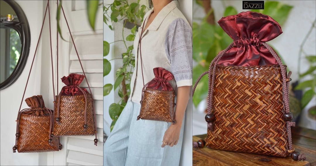 Chevron weave bucket cane bags with Thai silk top