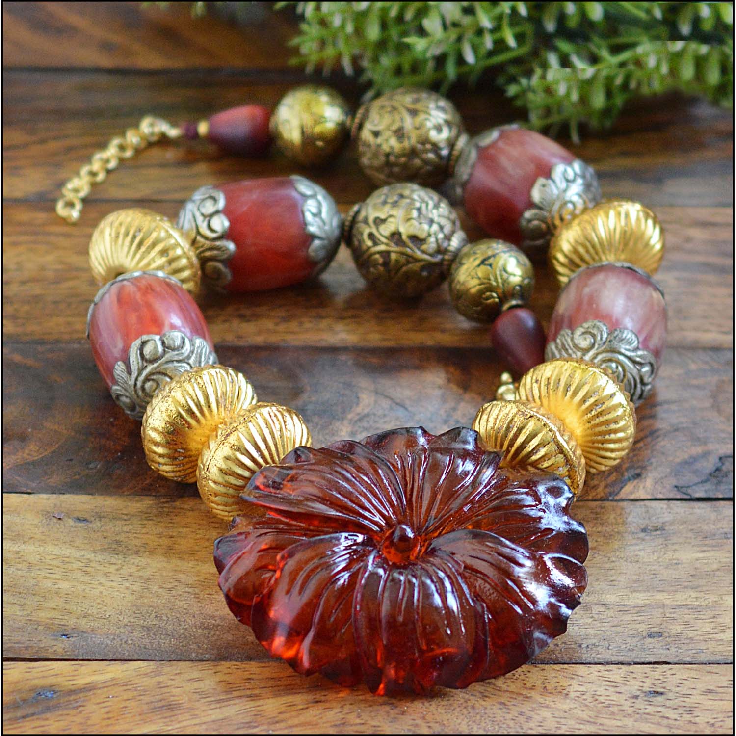 Necklace with Vintage hand carved Bakelite pendant