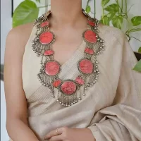 Model-Wearing-Afghani-Kutchi-coral-embedded-necklace-2-600x600